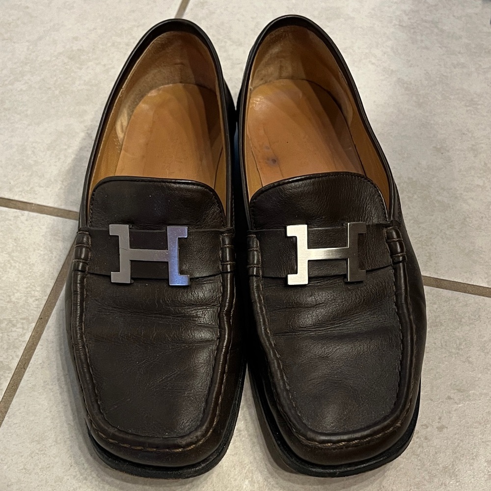 Hermes Dark Brown Leather Loafers with Silver Accent